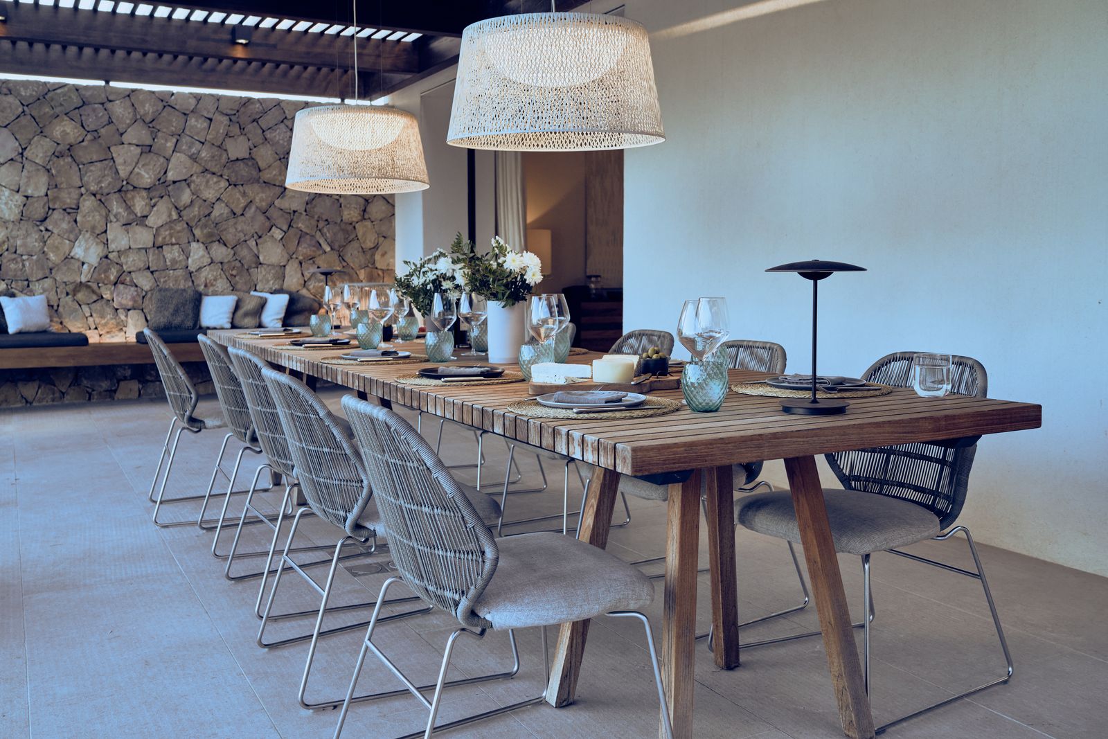 Outdoor dining table set for twelve